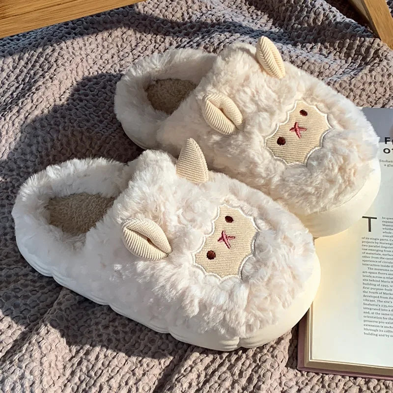 Cute Sheep Plush Slippers for Women Men Fashion Kawaii Fluffy Winter Warm Slides Lovers Cartoon Comfortable House Shoes