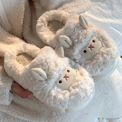 Cute Sheep Plush Slippers for Women Men Fashion Kawaii Fluffy Winter Warm Slides Lovers Cartoon Comfortable House Shoes